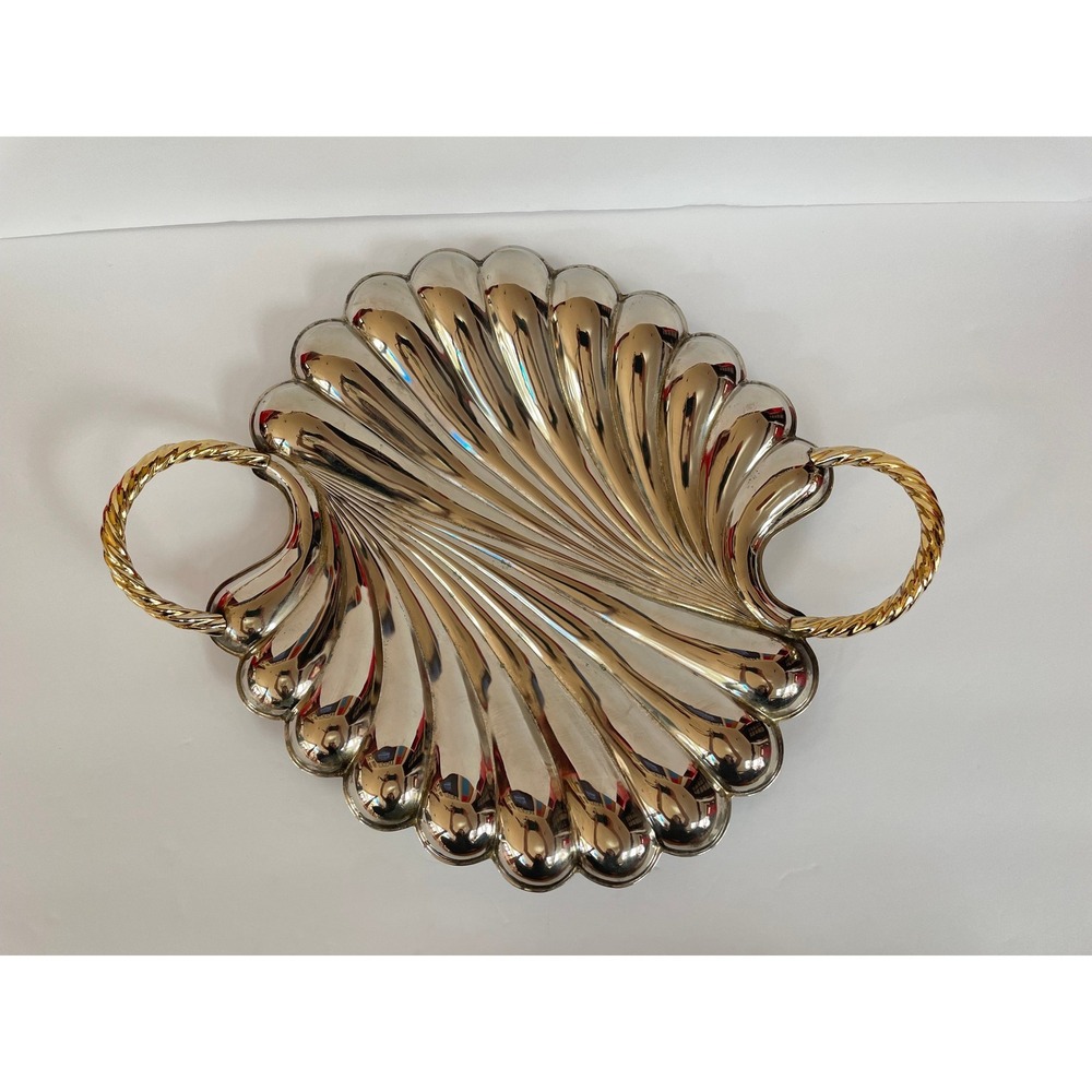 Vintage‎ Silverplate Scallop Shell Serving Tray Brass finsih Rope Handles